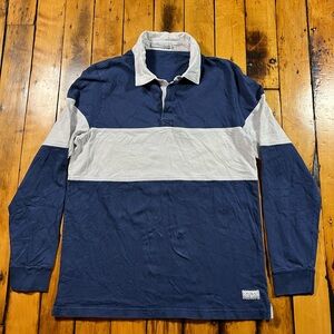 Criquet Men’s Large Rugby Shirt Polo Navy Blue Striped Preppy Distressed Read*